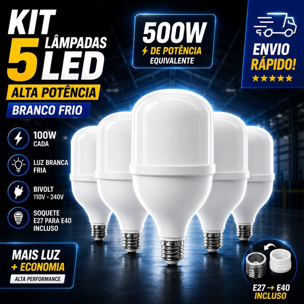 Kit 05 Lâmpada LED Bulbo 100W Super Branca Econômica Bivolt E27 Potente Alta Luminosidade Comercial Industrial Paylow