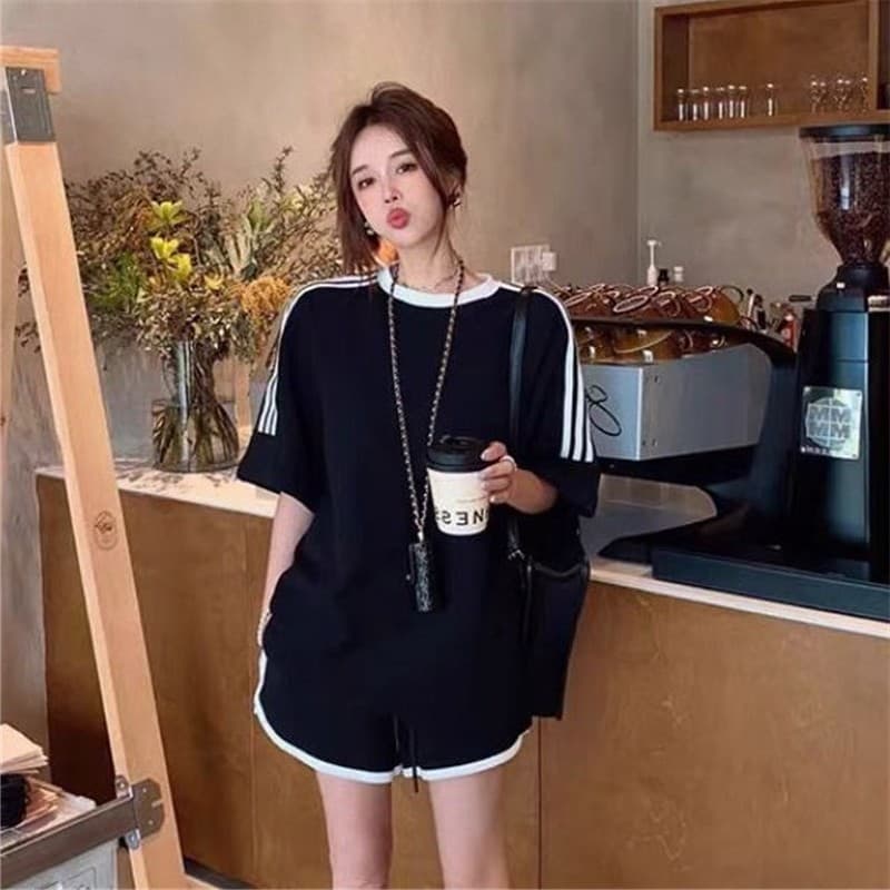 Verão estilo preguiçoso contraste cor High-End moda esportes terno feminino novo estilo mais magro olhar solto Shorts de