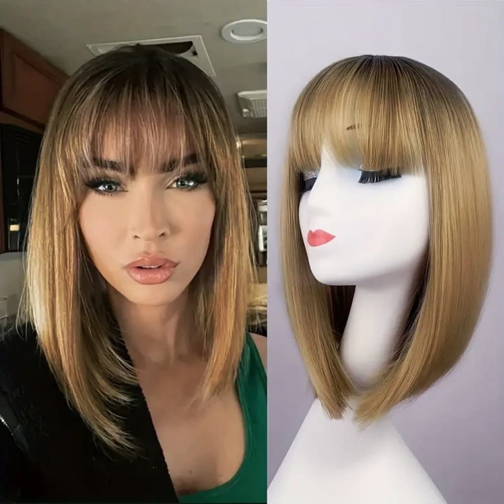 Peruca Bob Castanho Com Franja Fibra Bio Organica 30cm 180g Top Hair MAYA-T1B/27