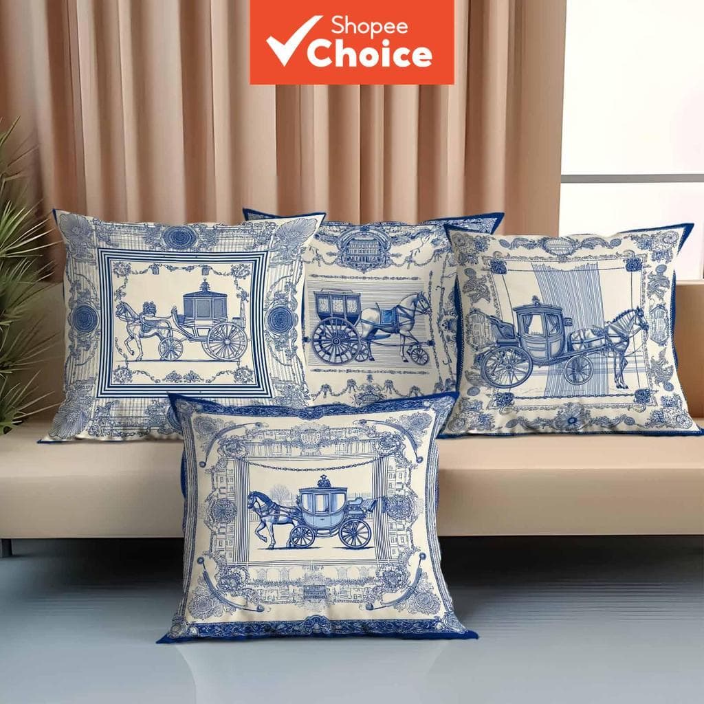 4 peças, capas de almofada com padrão clássico de carruagem azul e branca