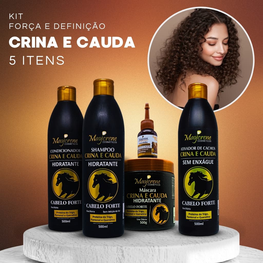 Kit Crina e Cauda 4x500ml (Shamp, Cond, Masc, Ativador de Cachos) + Reparador 30ml Maycrene