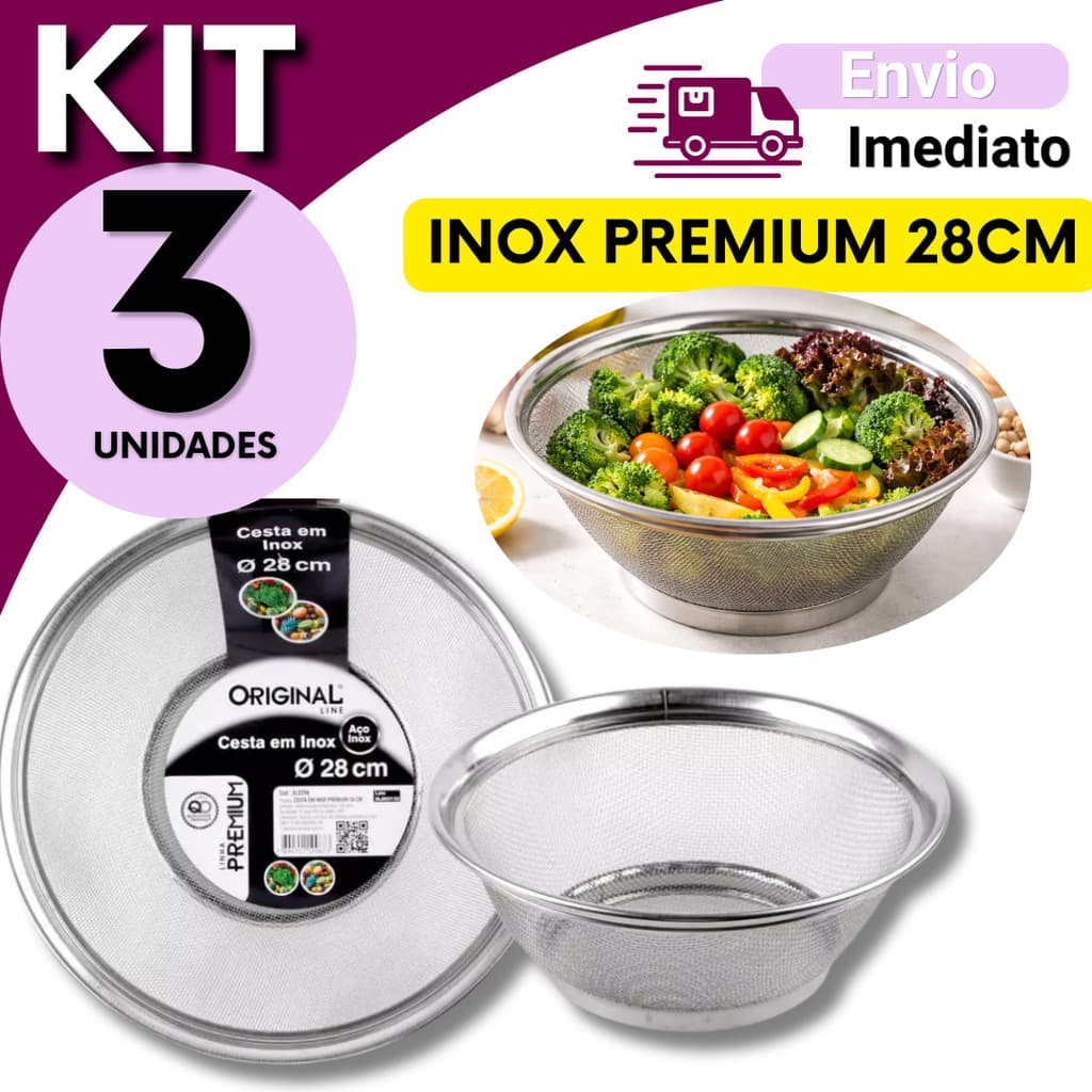 Cesta ou Cesto Escorredor Inox 28cm Multiuso 3, 2  ou 1 Unidade Para Lavar Alimentos Frutas Legumes Arroz Massas