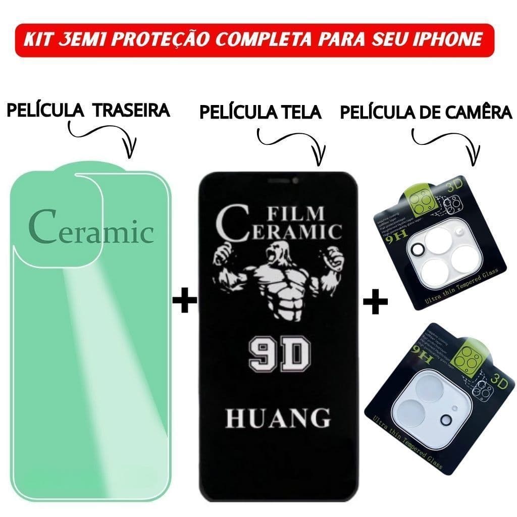 Kit 3em1 Película Traseira+Câmera Transparente+Película Tela Cerâmica Privacidade iPhone 11 12 13 14 15 16 Pro Max