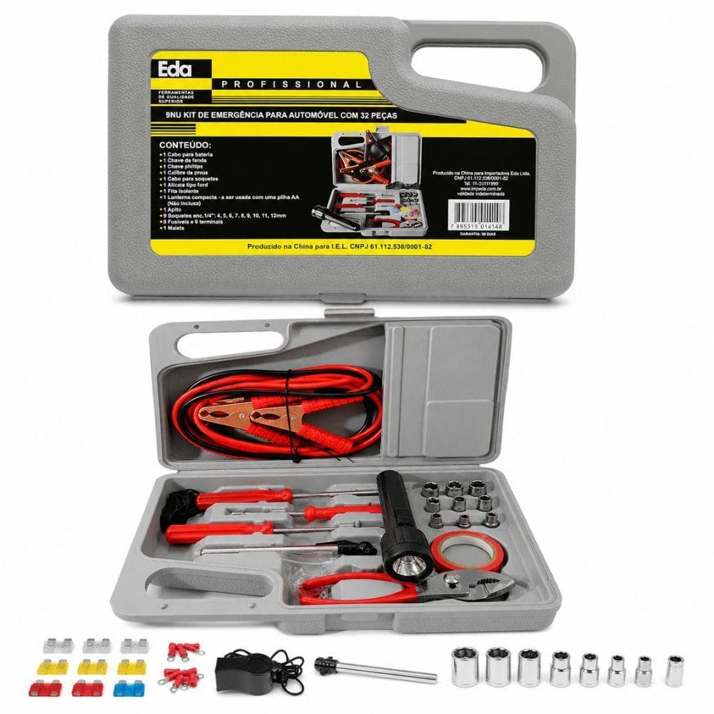 KIT EMERGENCIA CARRO 32 PECAS MALETA FERRAMENTAS AUTOMOTIVA CABO CHUPETA BATERIA LANTERNA VEICULAR