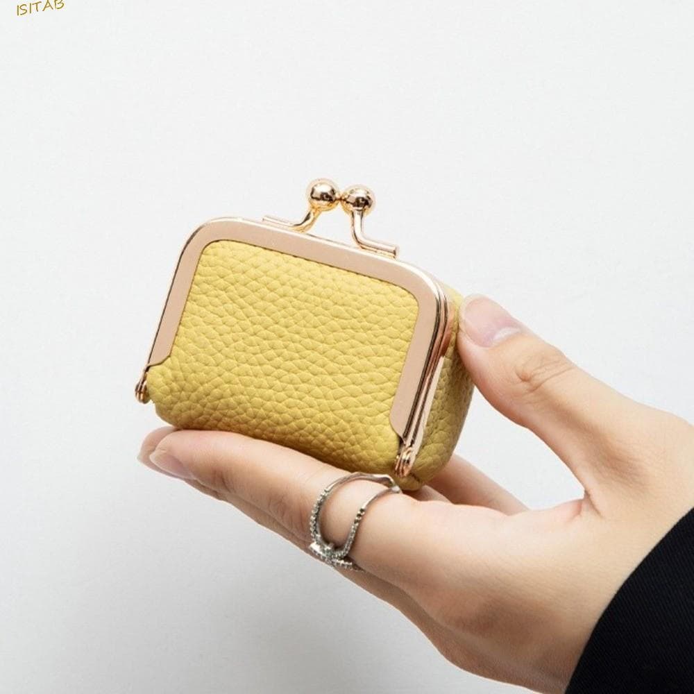 Bolsa de Moedas ISITAB com Fecho Kiss Lock, Couro Sólido Quadrado, Mini Bolsa Multifuncional para Armazenamento de Peque