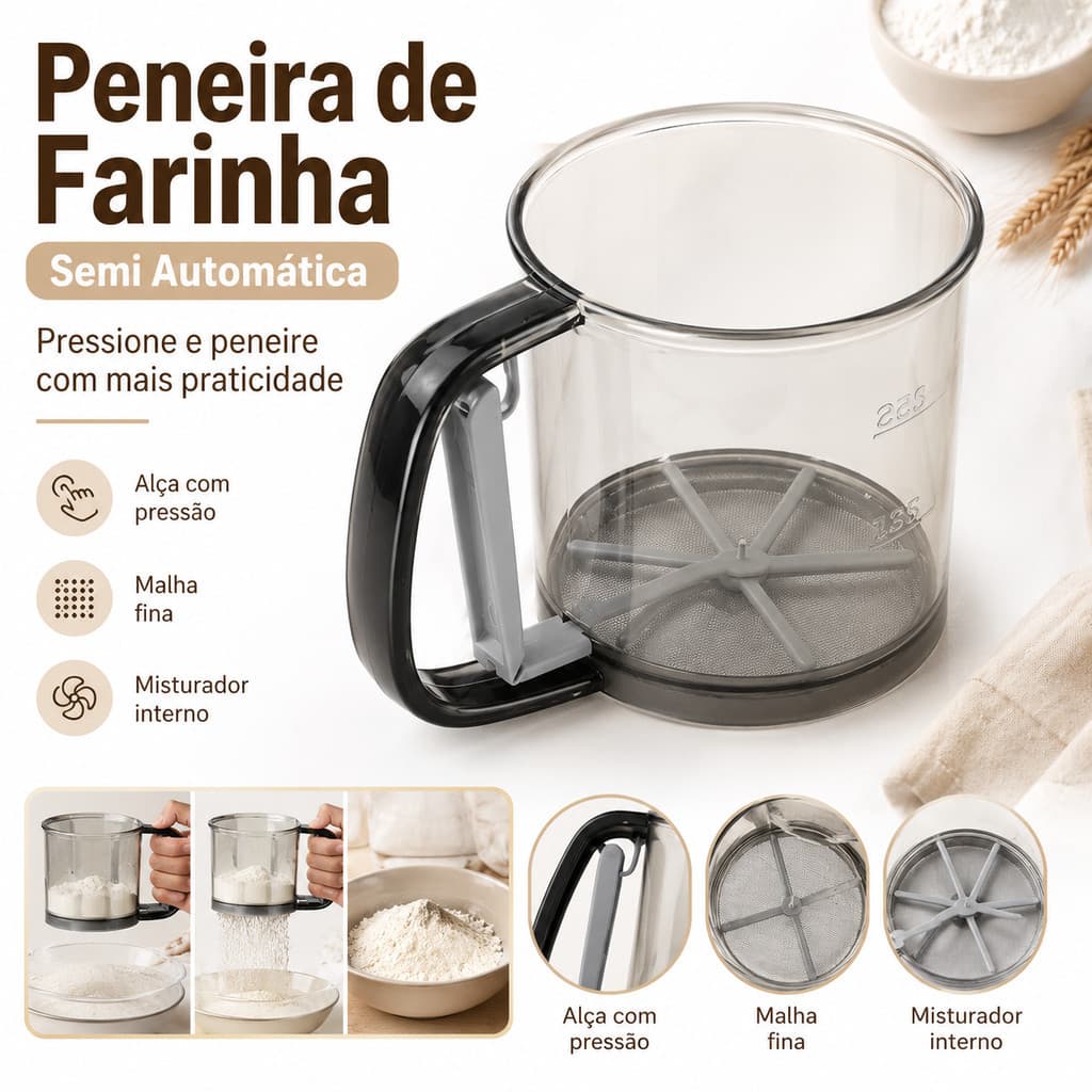 Polvilhador Peneira Caneca com Gatilho Manual Açucar Farinha Cacau Pó Cozinha Multiuso confeitaria  Panificação