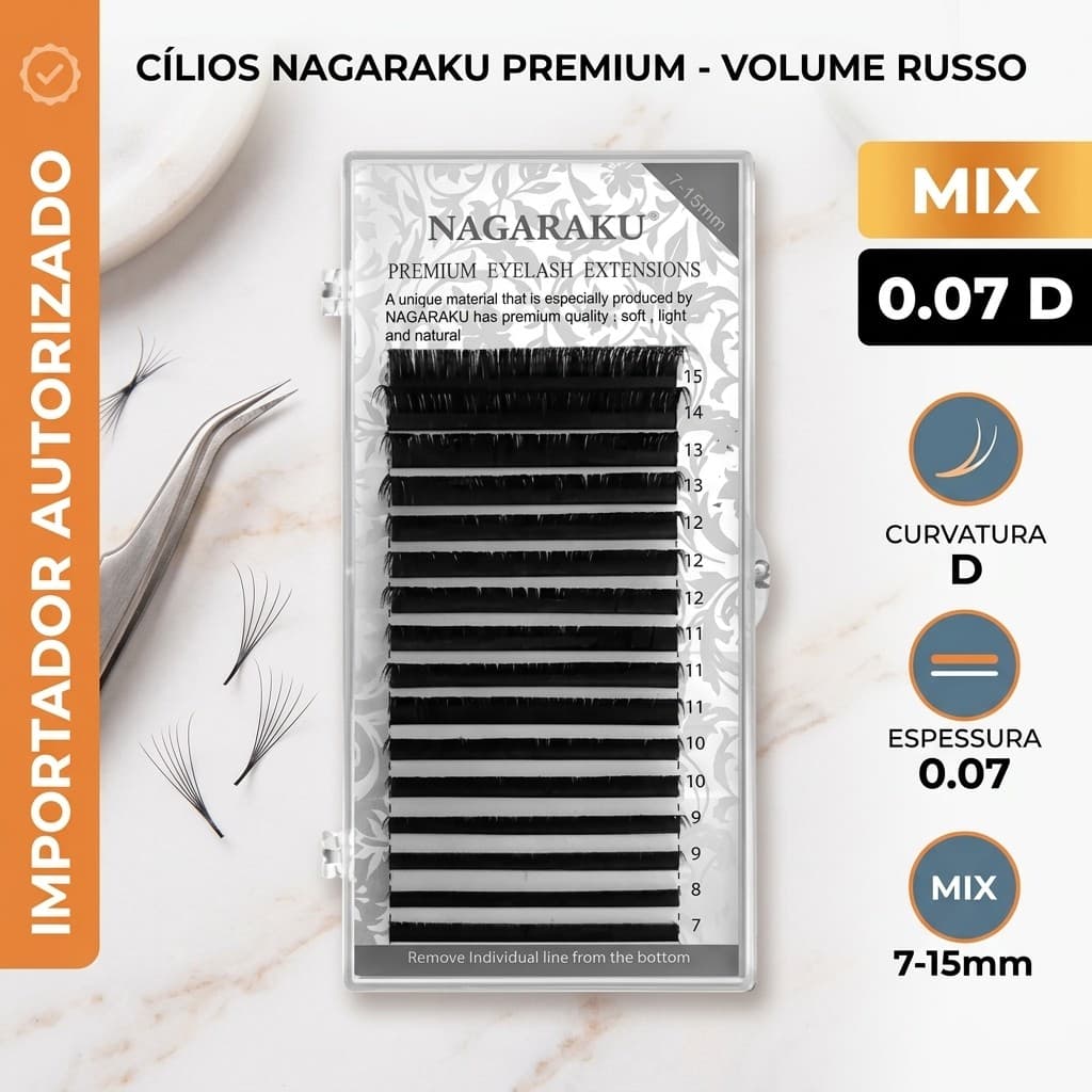 Cílios Nagaraku Mix 0.07D 7-15mm Extensão Fio a Fio e Volume Russo