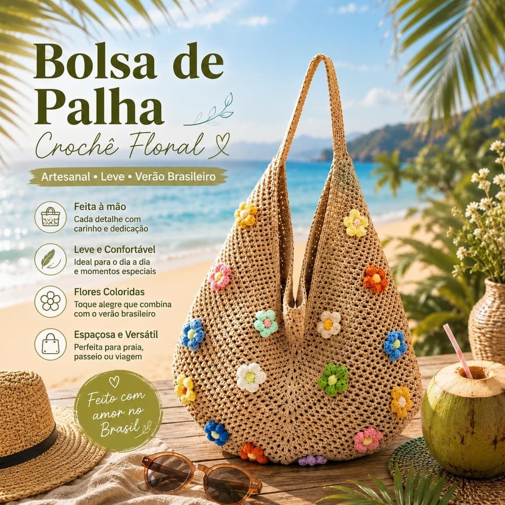Bolsa Ombro Crochê Flores - Praia Passeio Dia a Dia - Feminina - Boho Espaçosa - Cabe Livros e iPad