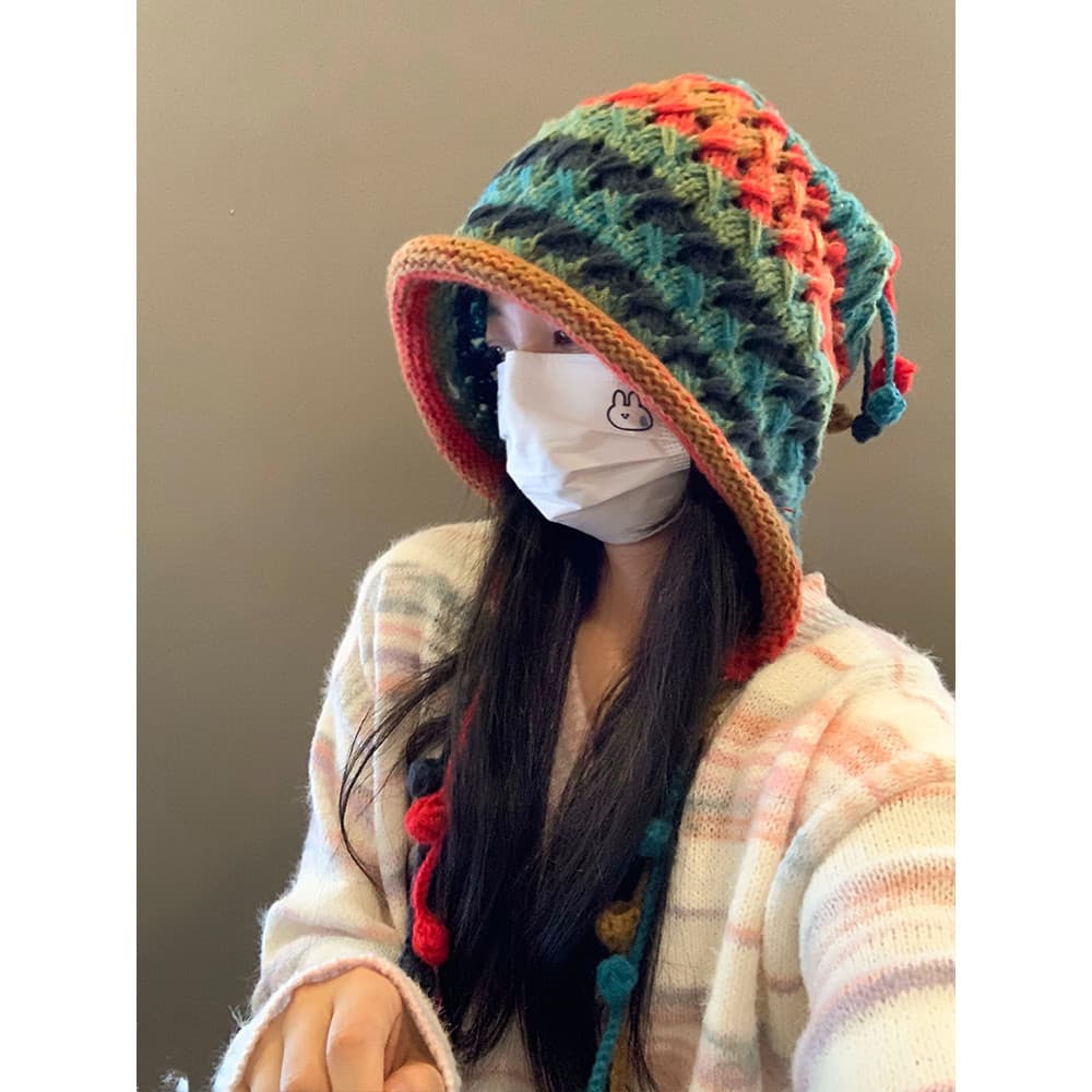 2026 novo estilo proteção de orelha chapéu de lã feminino outono inverno estilo japonês colorido borla bola quente pulôv