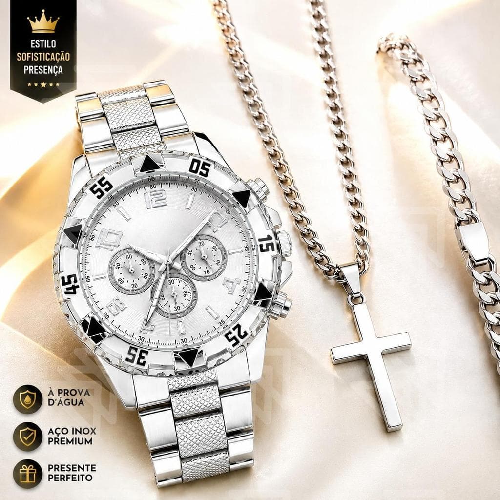 Relógio Prateado Prova D'Água + Corrente Masculina Cruz + Pulseira Aço Inox | Kit Elegante - Presente dia dos PAIS