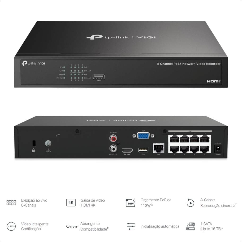 Gravador NVR De Vídeo De Rede POE+ DE 8 Canais VIGI NVR1008H-8MP TPLINK TPN0354