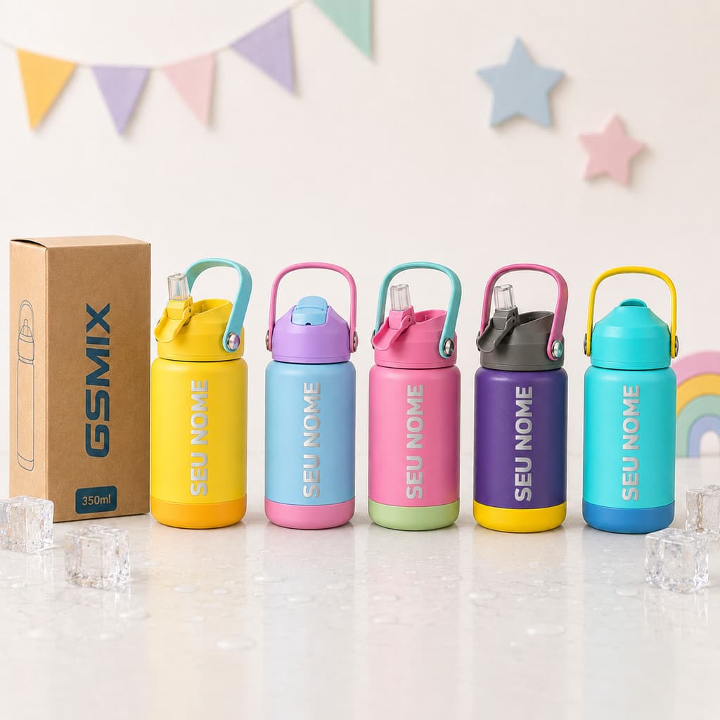 Garrafinha Térmica Personalizada Infantil 350ml Com Canudo