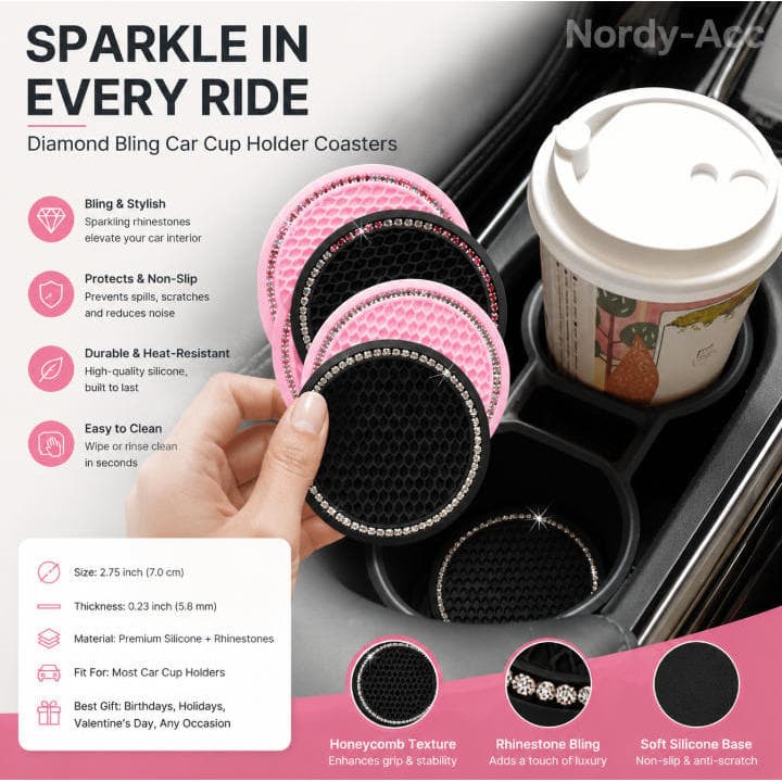 Porta-Copos Para Carro , 2 Peças , Grade Redonda , Borracha Macia , Decoração De Diamante , Antiderrapante , À Prova D'á