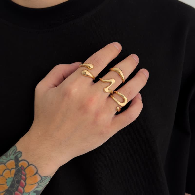 Conjunto De Anel De Gota De Água De Camada Dupla Em Forma De Z Masculino De 4 Peças-Joias De Alta Qualidade Mínimamente