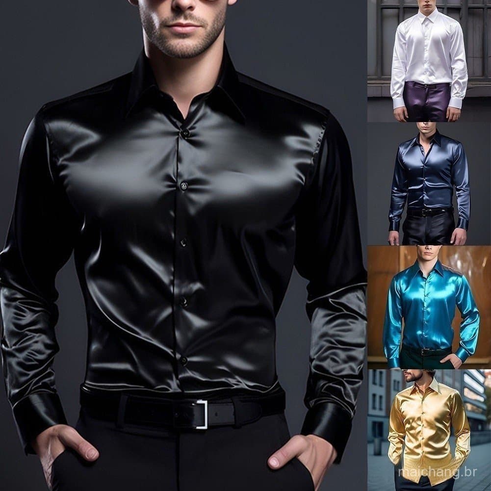 (Em Estoque) Camisa Casual De Cetim De Seda Com Botão Slim Fit Para Festa Camisas De Manga Comprida TEHI