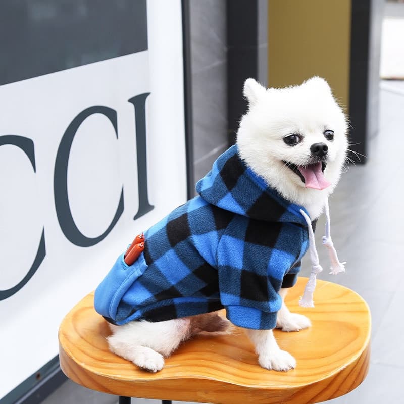 Suéter Quente de Outono e Inverno com Bolso e Zíper, Xadrez Azul e Preto, para Cães Pequenos, Médios e Grandes, Gatos e