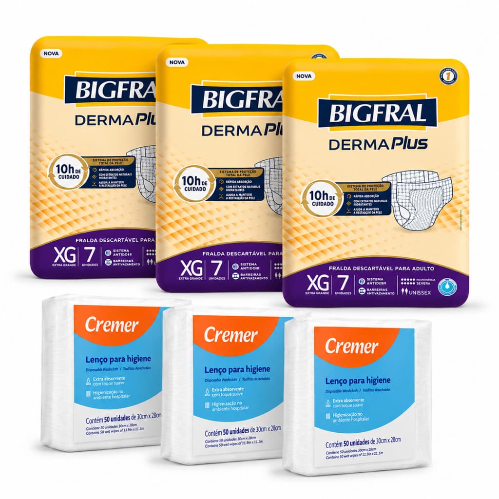 Kit Cuidado Diário 3 Fraldas Geriátrica Bigfral XG 7 Unidades + 3 Lenços Cremer 50 Unidades