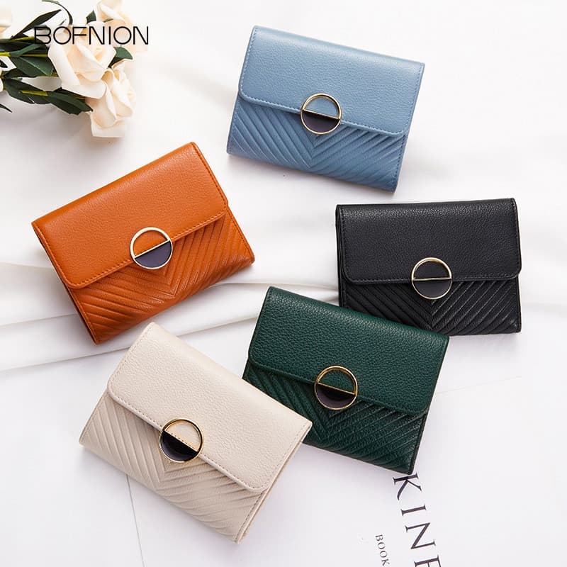 Carteira de couro genuíno feminino curto pequeno Ultra-fino titular do cartão de uma peça Tri-Fold carteira moda simples