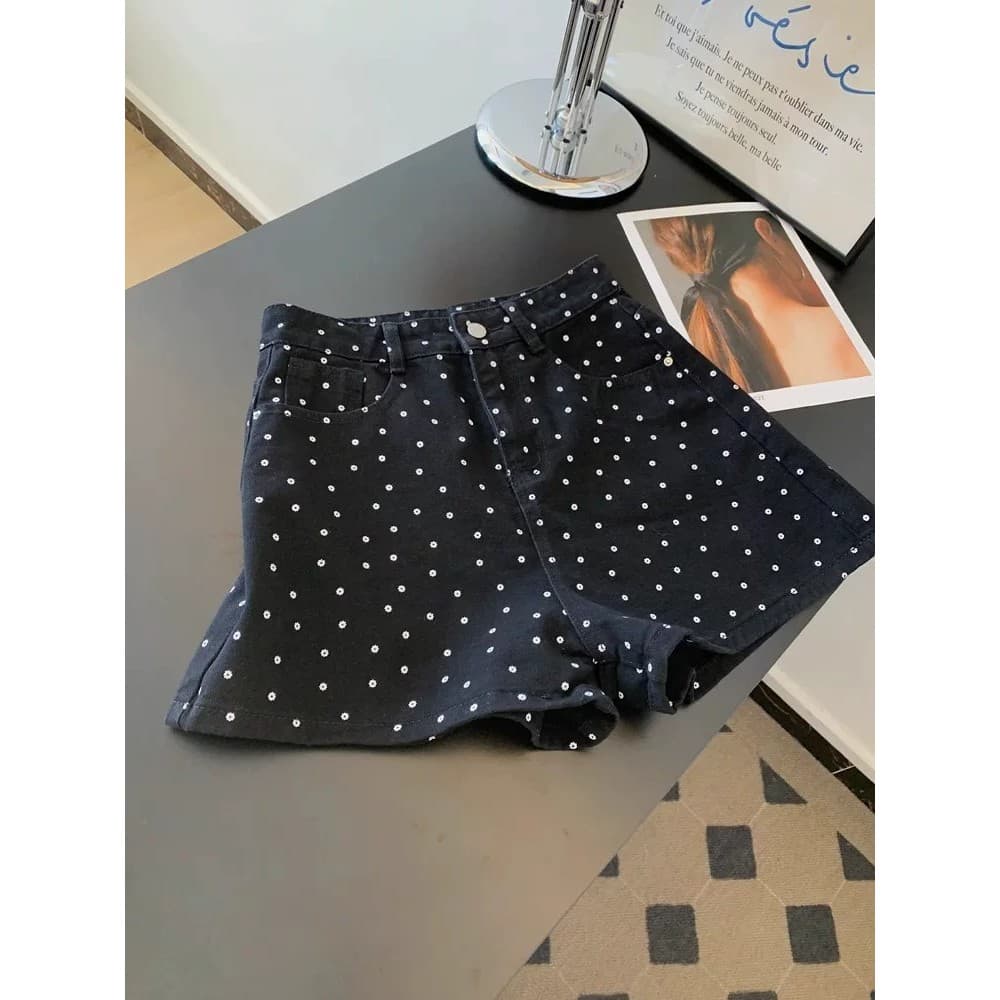 Preto bolinhas Denim Shorts feminino verão novo estilo cintura alta tamanho grande solto forma de pêra mais magro olhar