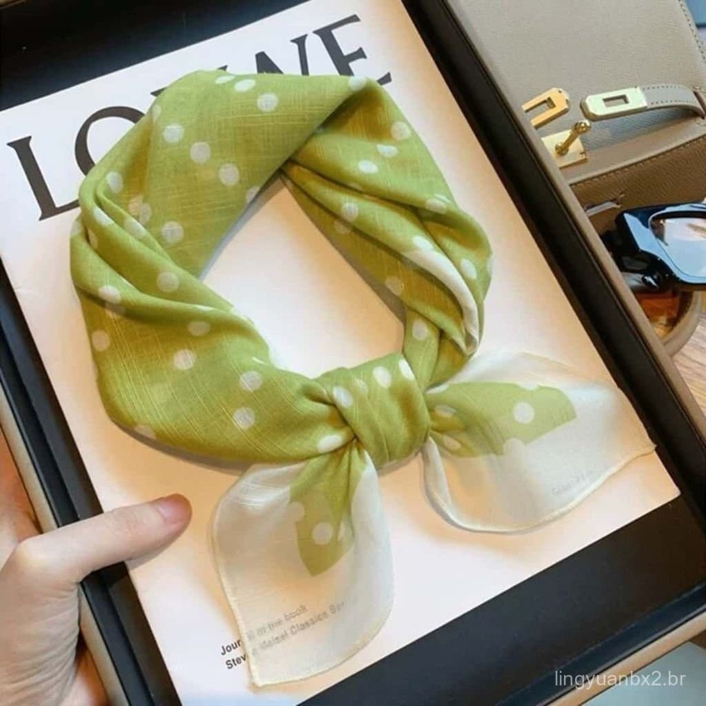 Lenço quadrado pequeno de algodão e linho com bolinhas verdes em estilo coreano para mulheres, lenço fino versátil para