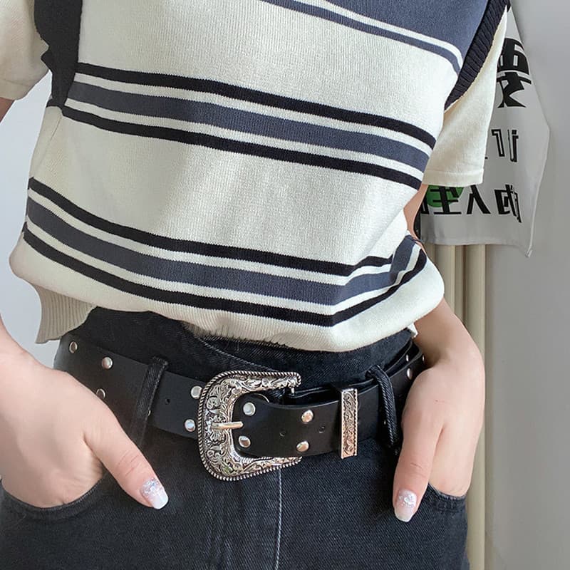 Cinto Cravejado Y2K Para Mulheres – Cintura Vintage De Fileira Dupla Jeans E Saias De Couro Fashion