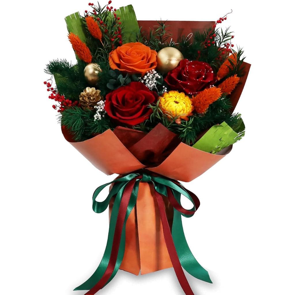 Buquê de Flores Preservadas de Natal, Flores Eternas Reais como Presentes de Natal para Mulheres, Buquê de Rosas Duradou