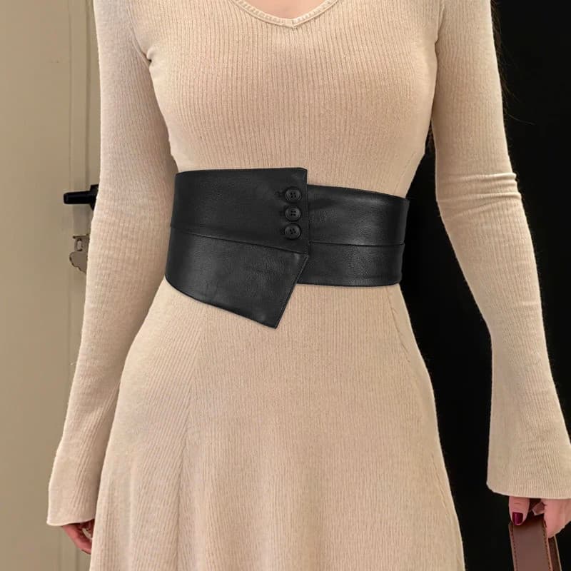 Cinto Largo Feminino PU Estilo Espartilho Elástico Design Irregular Acessório Decorativo Ideal para Vestidos Pretos