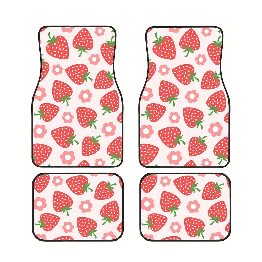 Conjunto de 4 peças de tapetes antiderrapantes para carro feminino rosa fofo morango, usando materiais de alta qualidade