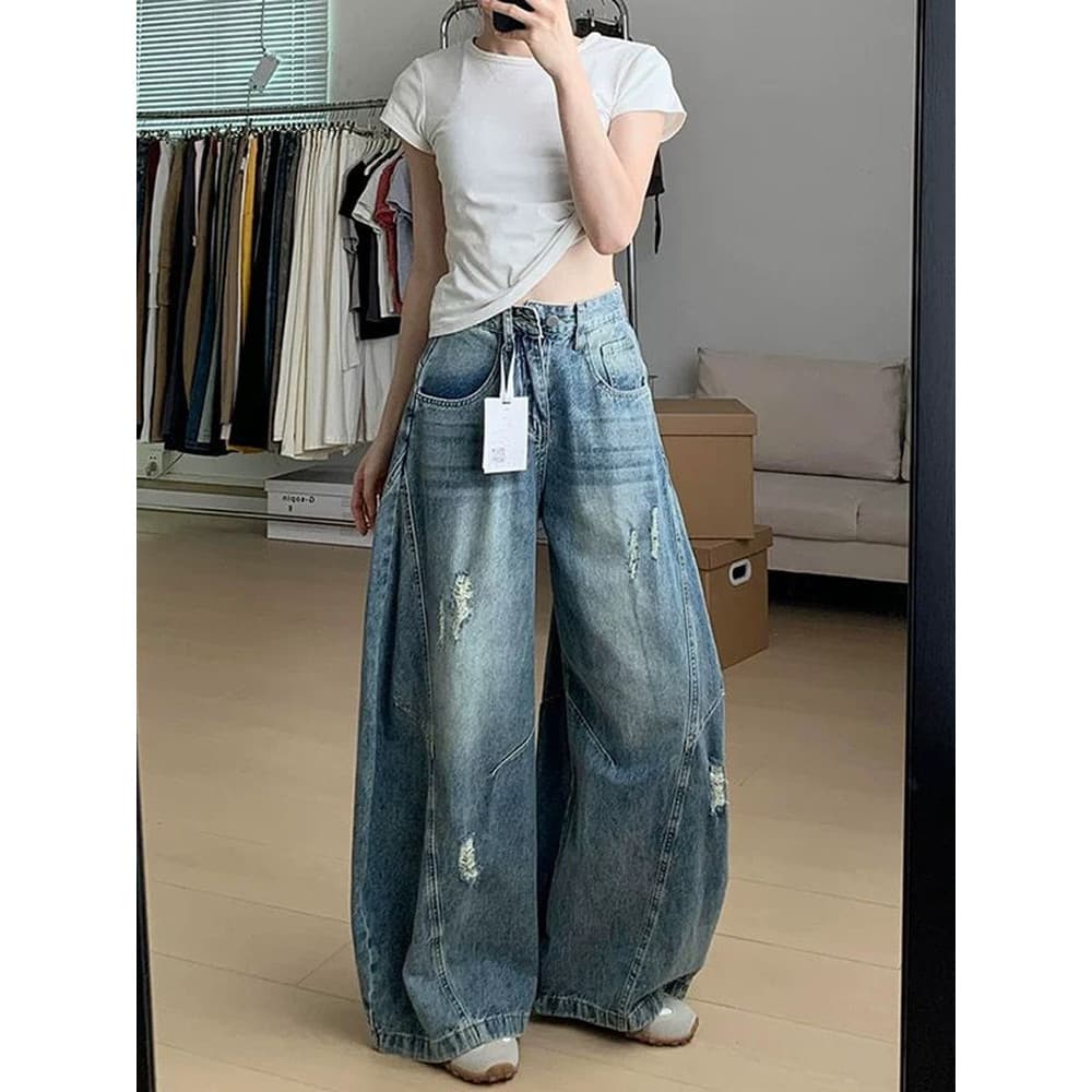 Americano rasgado Machete Jeans feminino verão novo estilo cintura alta Design sentir lavado perfil solto perna larga ca