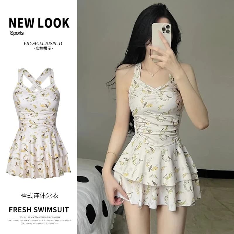 Novo vestido Floral estilo maiô menina cintura estreita mais magro olhar sem costas puro desejo estilo beira-mar férias