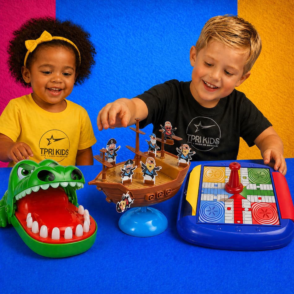 Kit 3 Jogos Brinquedo Infantil Educativo Navio Pirata + Dama 8 em 1 + Crocodilo Morde Dedo Didático