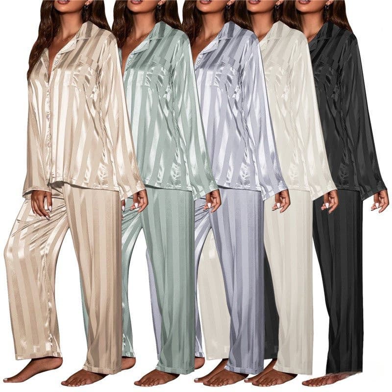 Manga Longa De Cetim E Botão Feminino Para Dormir Loungewear M-5XL Conjunto Pijama De Duas Peças