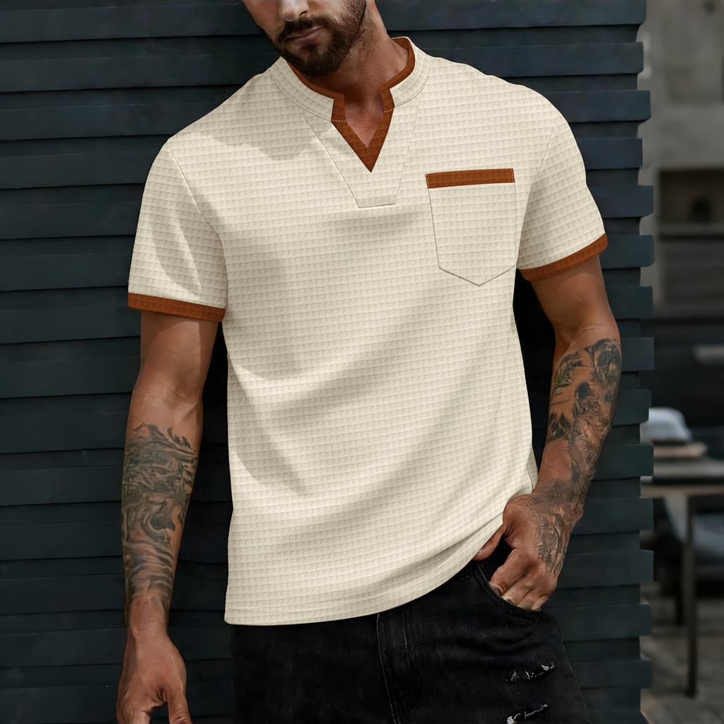 Verão masculino textura Waffle Henry colarinho camiseta contraste cor borda de manga curta Casual topo com bolsos
