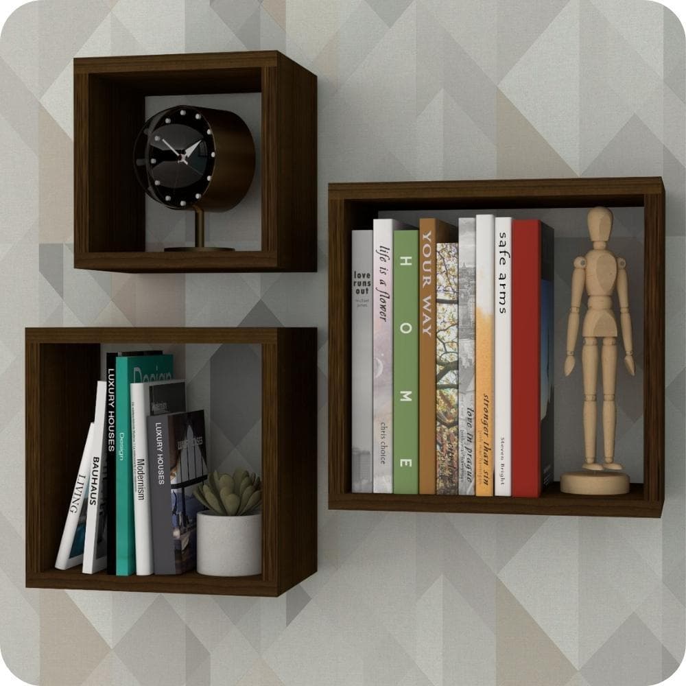3 Nichos Para Livros Parede Quarto Sala Quadrado Marrom