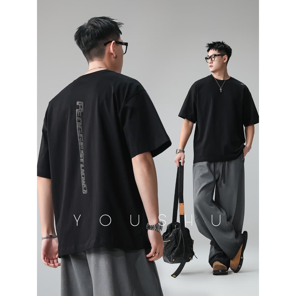 Americano Retro texturizado carta impressão Design em torno do pescoço de manga curta camiseta masculina 2026 verão novo