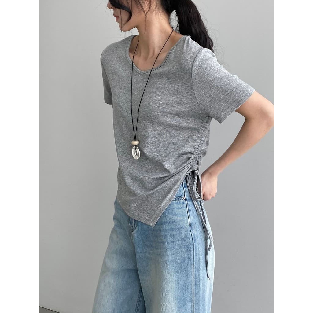 Senhoras Super bonito de manga curta estilo coreano Design lado cordão cintura estreita Formal ombro camiseta única