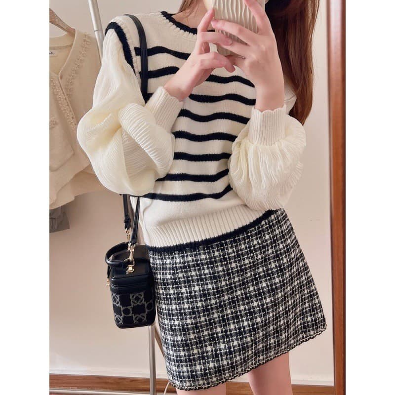 2025 francês primavera outono requintado roupas femininas falso costura de duas peças listrado Chiffon manga Puff All-Ma