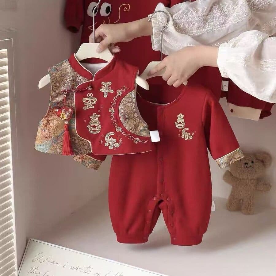 Bebê outono inverno macacão bebê mês cheio de um ano banquete vermelho festivo estilo nacional macacão ano novo chinês v