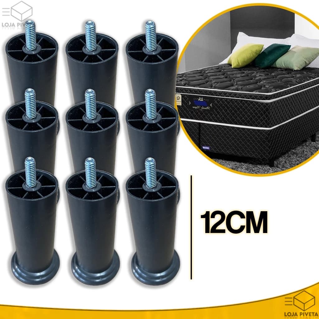 Kit 9x Pé de Cama Box 12cm Pézinho Plástico Reforçado Com Parafuso Rosqueável Móveis Cabeceira