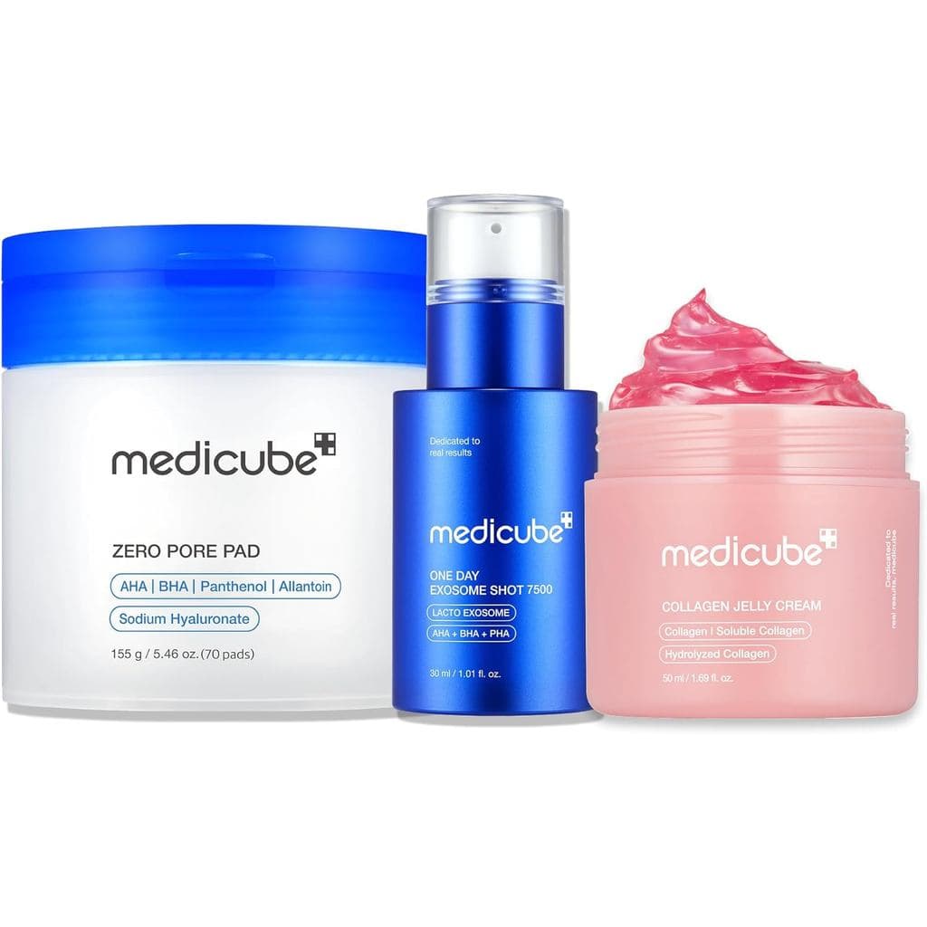 medicubeAffordableTrioforPore&TextureCare:ZeroPorePads2.0andZeroExosomeShot7,500PPMSpiculeFacialSerumandCollagenJelly(50