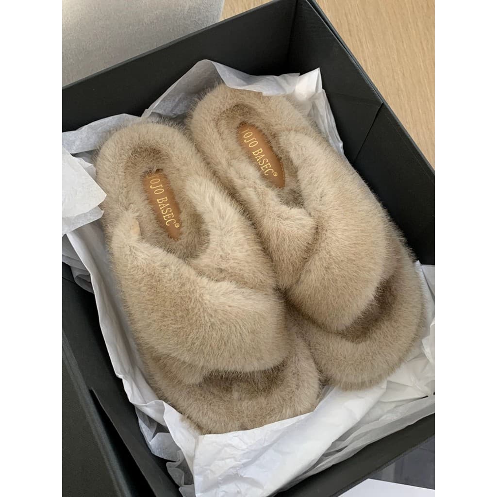 Influenciador Chinelos peludos de sola grossa cruzada de pele de vison de venda quente feminino outono inverno roupa ext