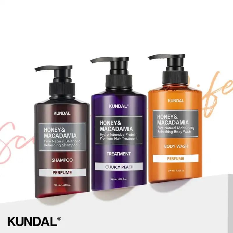 KUNDAL [Pacote com 3] Conjunto Premium para Cuidados com Cabelo/Corpo: Shampoo + Tratamento + Sabonete Líquido