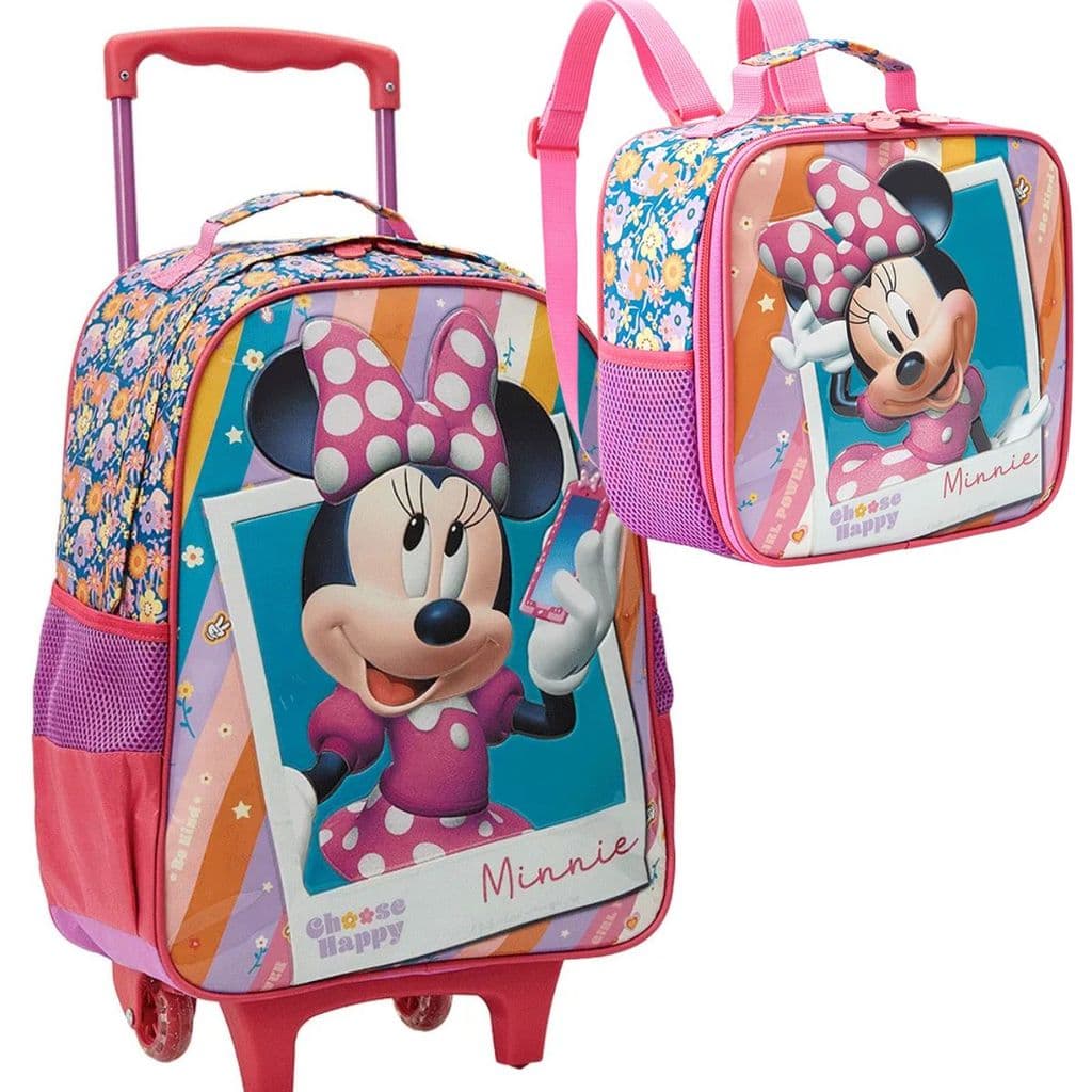 Kit Mochila Rodinha Lancehira Infantil Escolar Menina Minnie Dinsey Xeryus