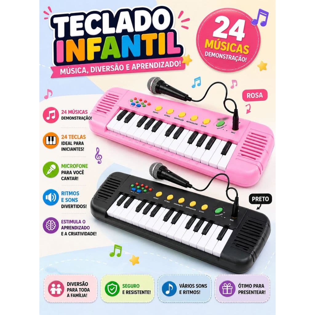 Brinquedo Musical Infantil Teclado Piano com Microfone Karaokê Menino e Menina