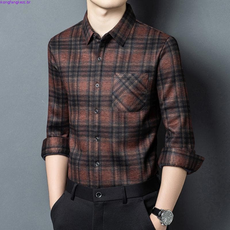Pierre Cardan High-End masculino Retro xadrez csa masculina de manga comprida forro de lã engrossado bolso csa Cas