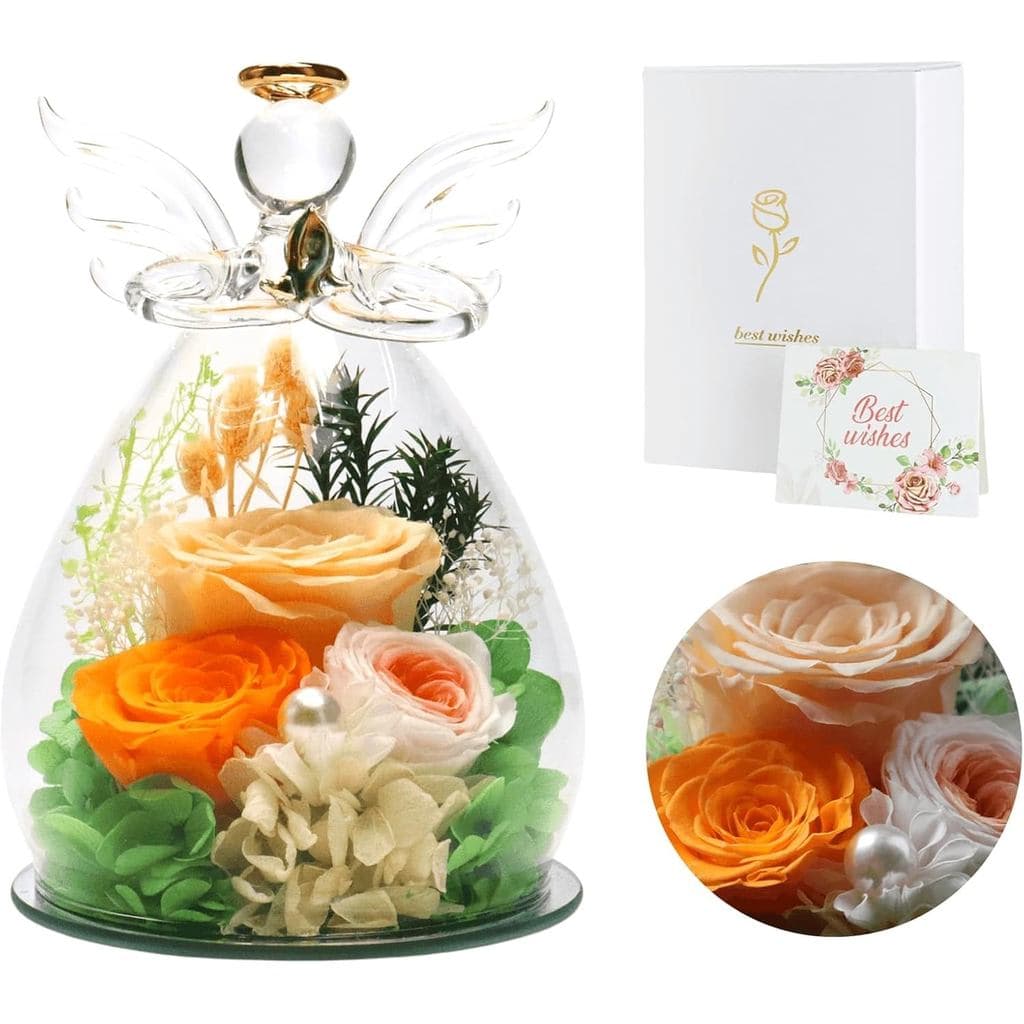 Presentes para Mulheres: Rosa Preservada com Luz LED, Flor Eterna em Vidro com Figuras de Anjo - Presente de Natal - par