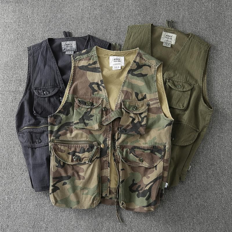 Americano Multi-bolso estilo militar sem mangas colete geral camuflagem masculina ao ar livre tático funcional colete ve