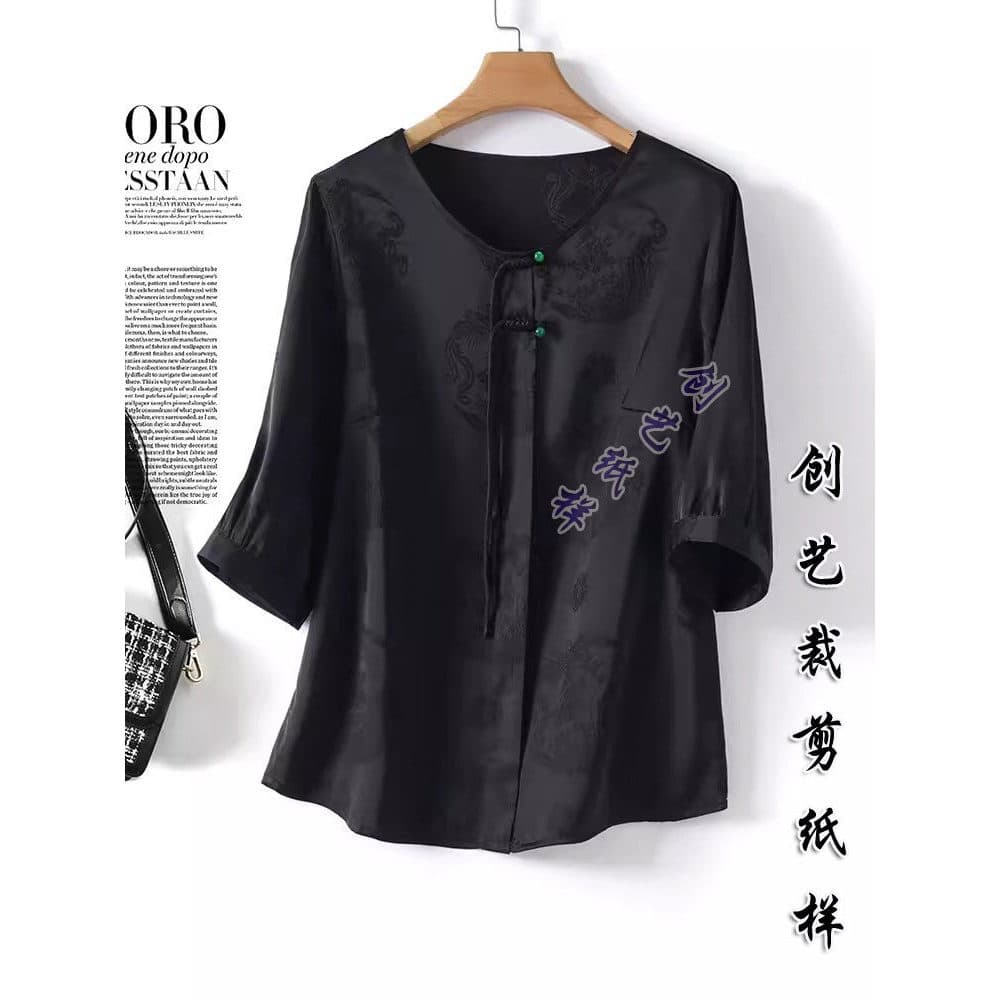 Padrão de alfaiate E155 novo estilo chinês estilo chinês botão de manga curta elegante mãe seda Jacquard camisa superior