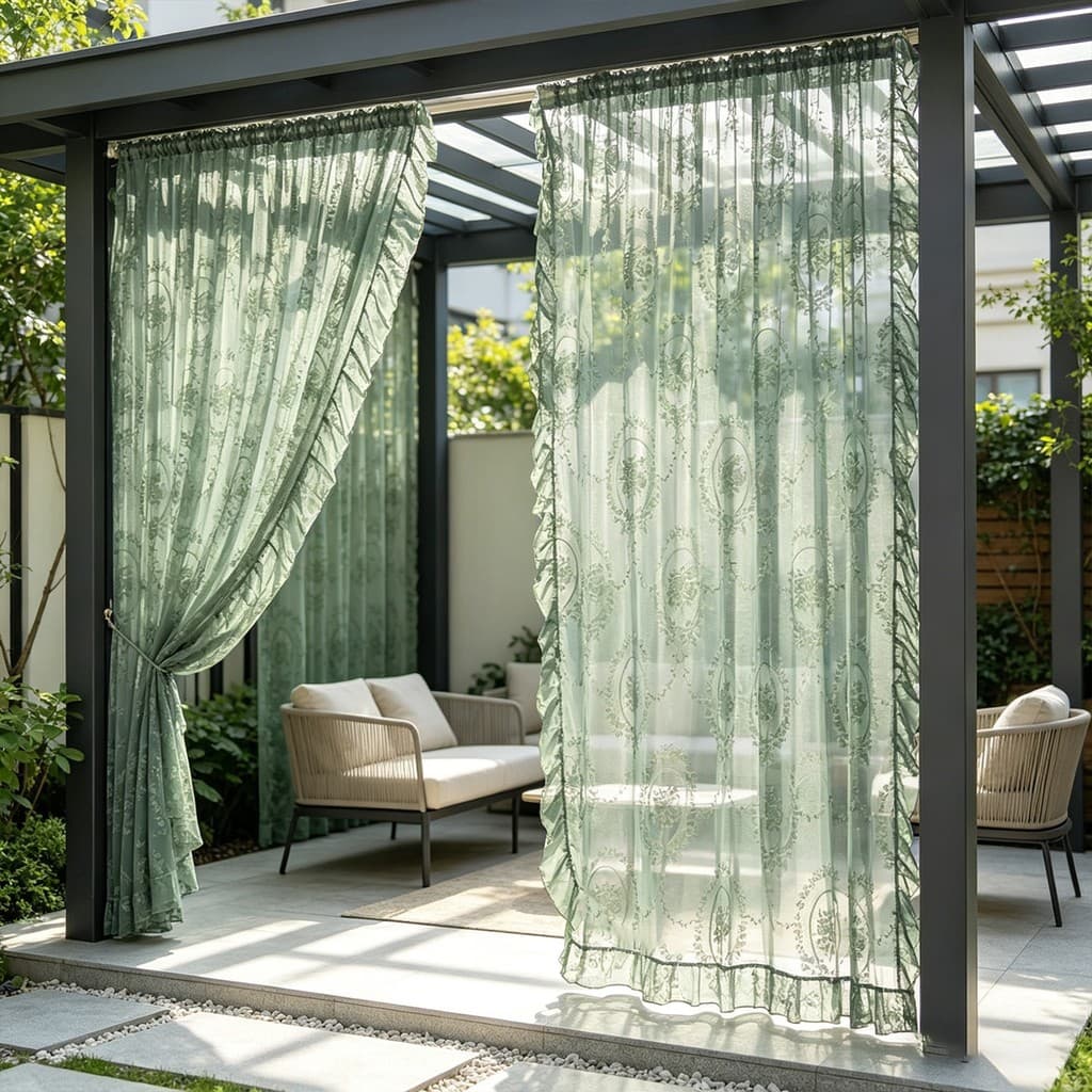 Cortina Transparente Floral De Renda Verde/Preta De 2 Painéis Para Sala De Estar Cortinas Elegantes De Tule Ao Ar Livre