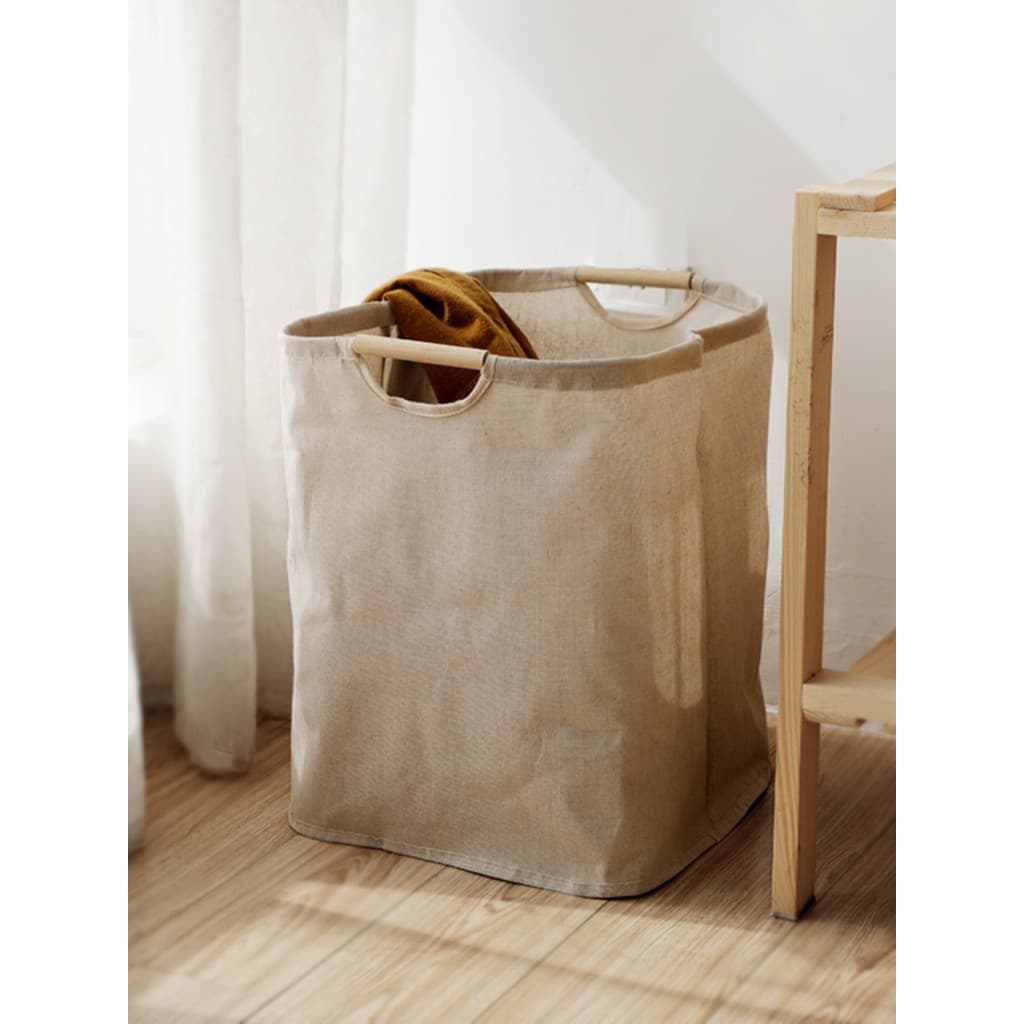 Cesta de roupas sujas de linho de algodão estilo japonês simples dobrável alça de madeira cesta de armazenamento grande
